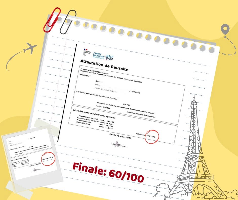 Attestation de réussite DALF C1 của Hailey, Alliance française de Vancouver, điểm cuối 60/100