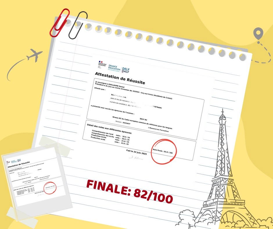 Attestation de réussite DELF B2 của Đức Anh, điểm cuối 82/100